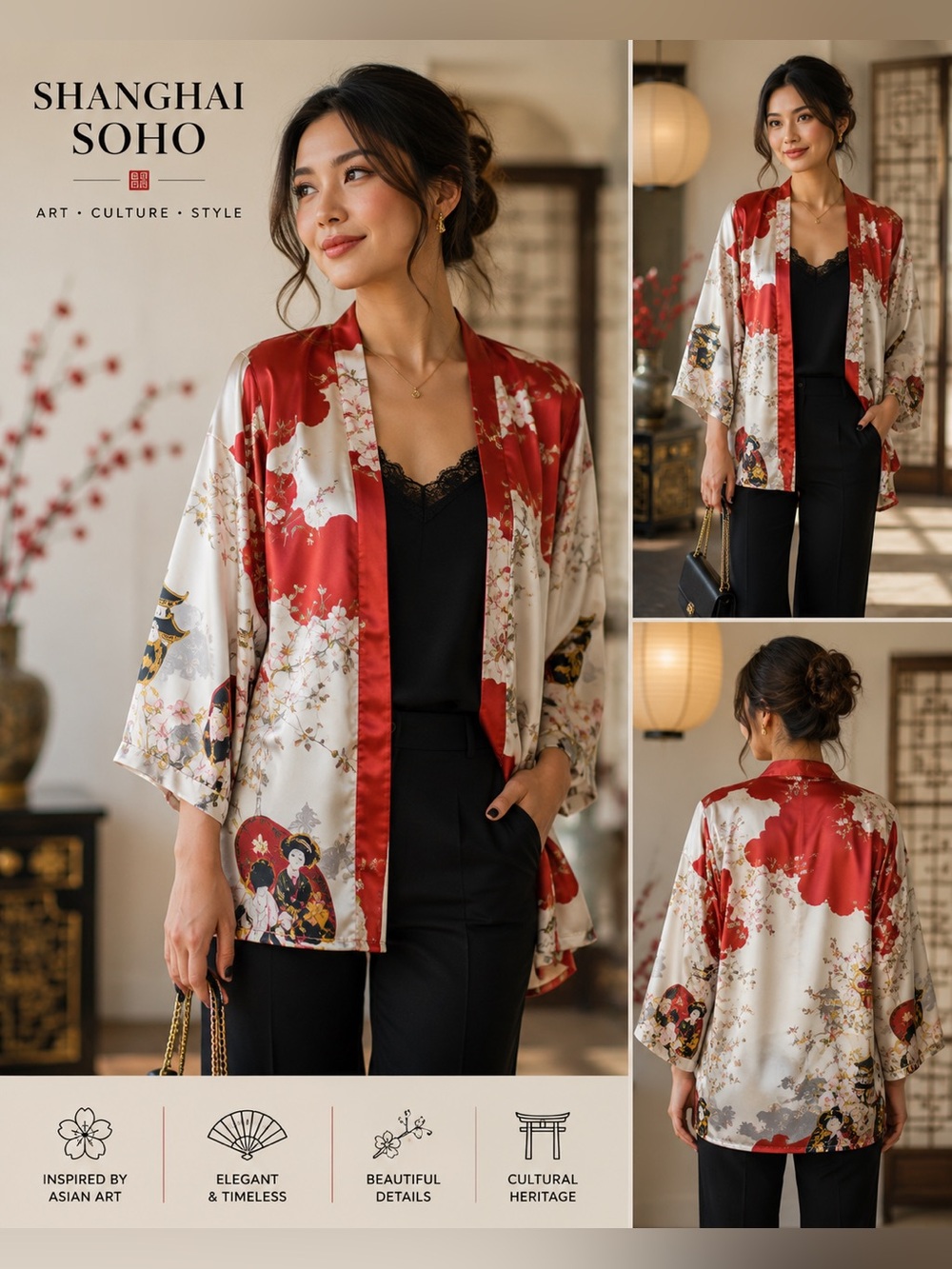 Shanghai Soho Kimono Jacket One Size Fits Most 10/12 Satin Cherry Blossom Y